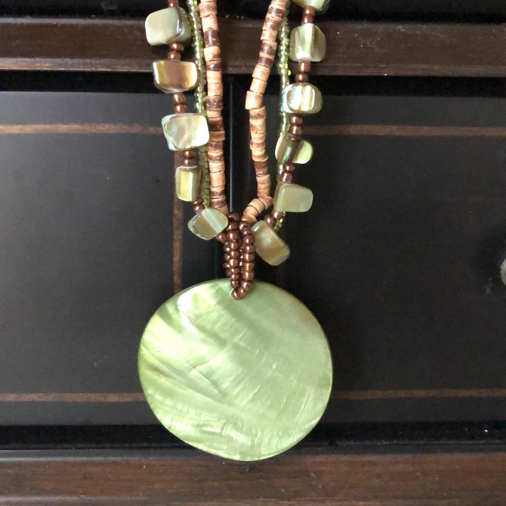 Necklace three strands green and brown 16”-18”